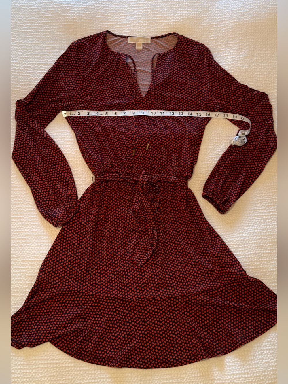 Michael Kors | Burgundy & Navy Print Tie-Waist Midi Dress | Size S - Picture 7 of 8